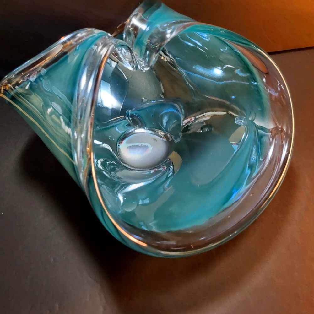 Murano Blue Art Glass Folded Wave Handles Catchall Bowl
